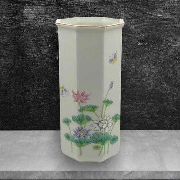 VTG Otagiri Japan "Lotus Garden" Octagonal Porcelain Vase Gold Rim 7 1/2” High - Picture 1 of 12